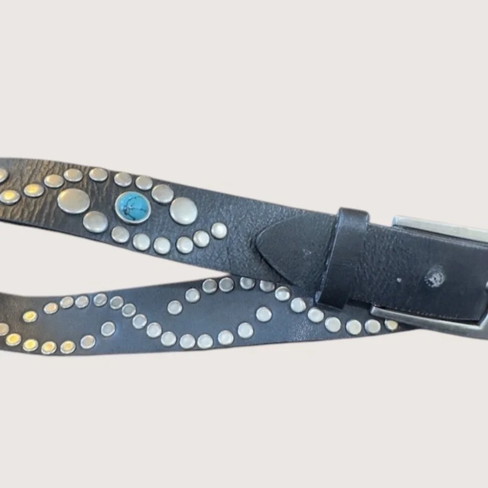Steve Madden Womens Black Leather Studded Belt‎ Turquoise Accents MY401 Size S